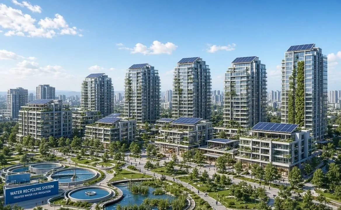 Aerial view of a landscaped corporate campus beside water