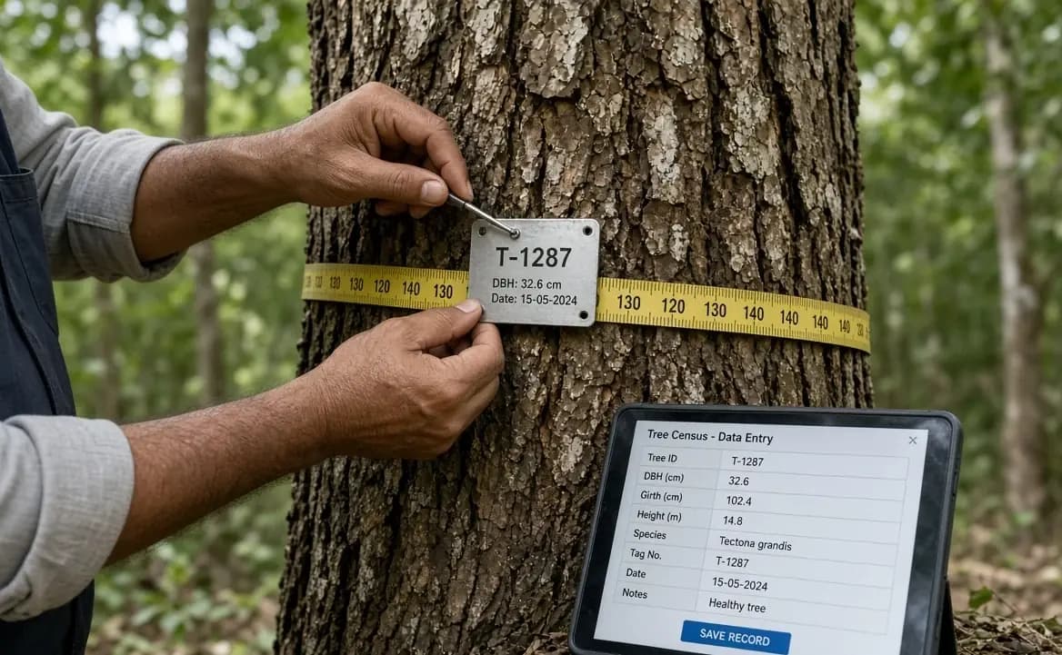 Hands measuring a tree trunk against a tablet record