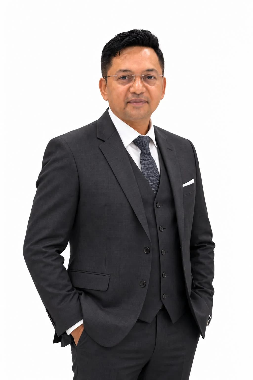 K. Srinivasan, Founder Director of Kesari Infrabuild, in a charcoal three-piece suit against a plain ground