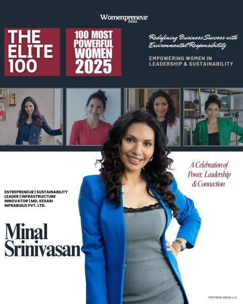 The Elite 100: India's 100 Most Powerful Women 2025 cover featuring Minal Srinivasan, MD of Kesari Infrabuild