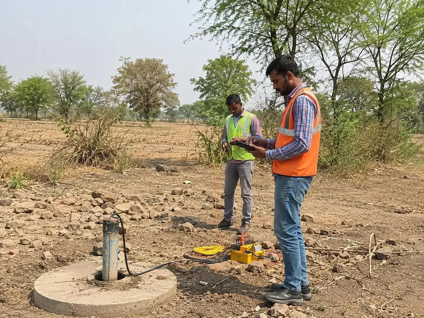 Two engineers gauging a borewell with a water-level meter on open ground