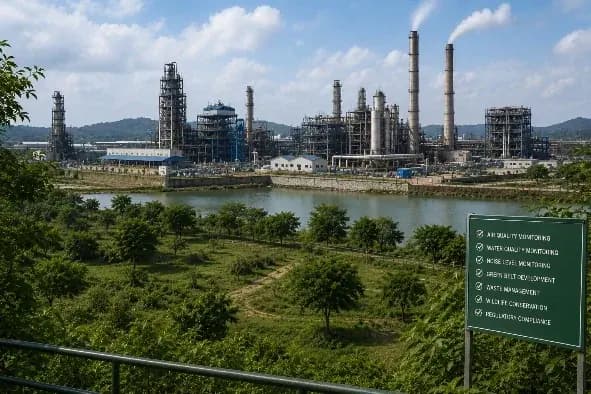 A plant beyond its green belt, with a board listing the monitoring commitments