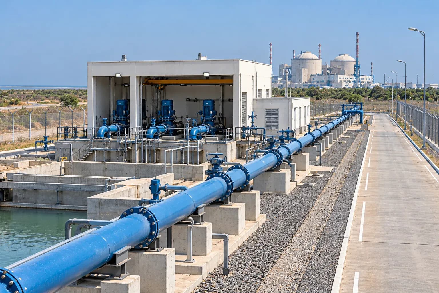 A water pumping station and rising main on a secure site, with the containment domes of a nuclear power station on the horizon