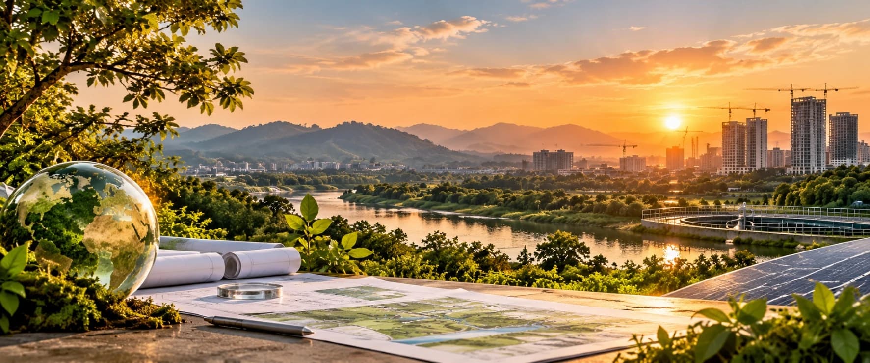 Site plans and a glass globe on a table above a river valley at sunrise, with a treatment plant, solar array and a city under construction beyond