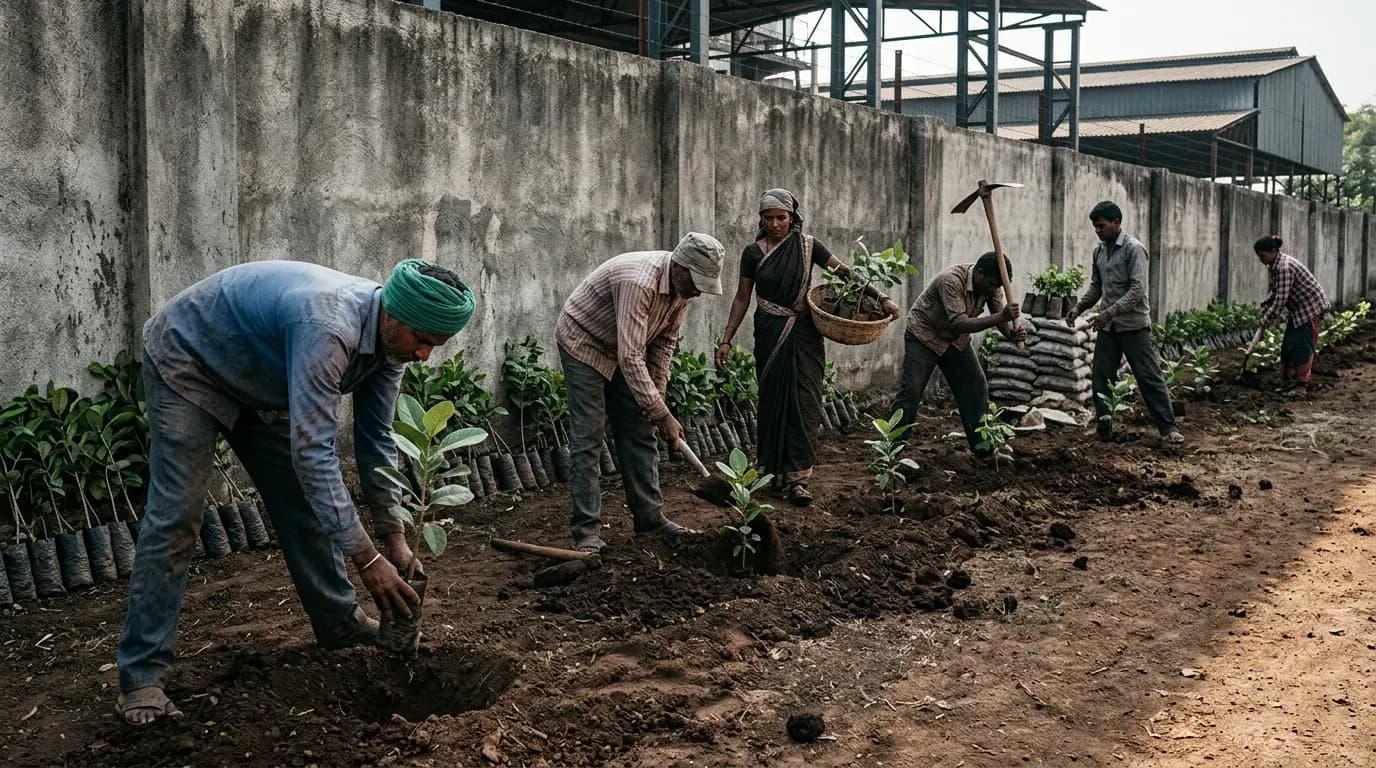 workers planting a multi-row green buffer of saplings along an industrial bounda