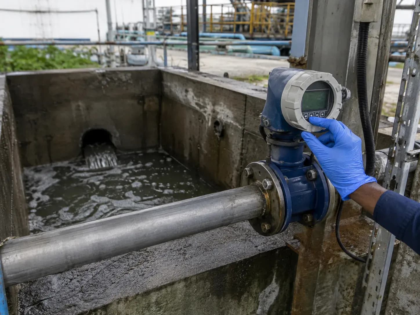 close-up of an effluent outfall sampling chamber and a flow meter with a gloved