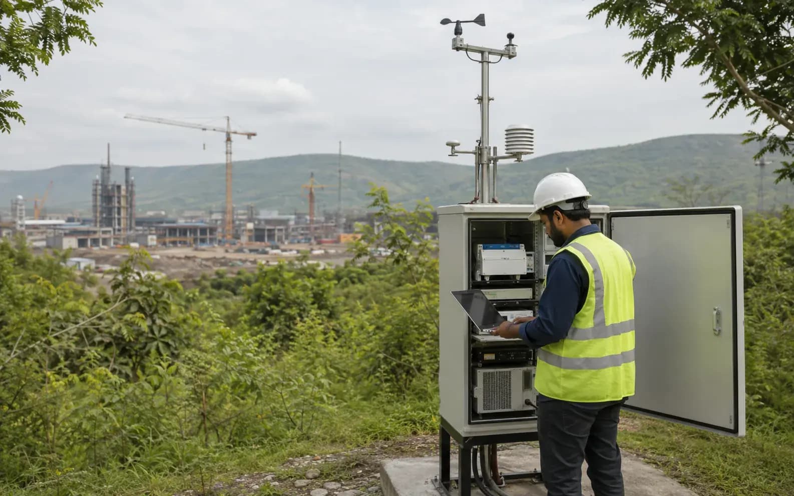 technician downloading data from a continuous ambient-air-quality monitoring sta