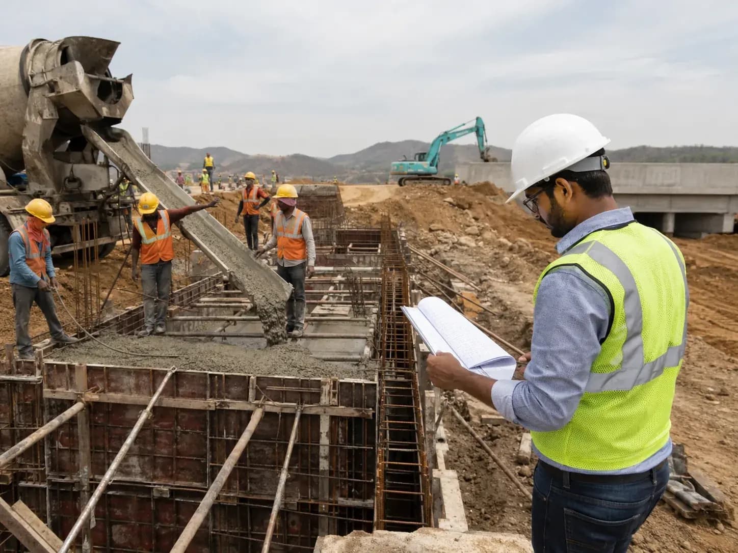 PMC engineer supervising a concrete pour and civil works with a checklist and ha