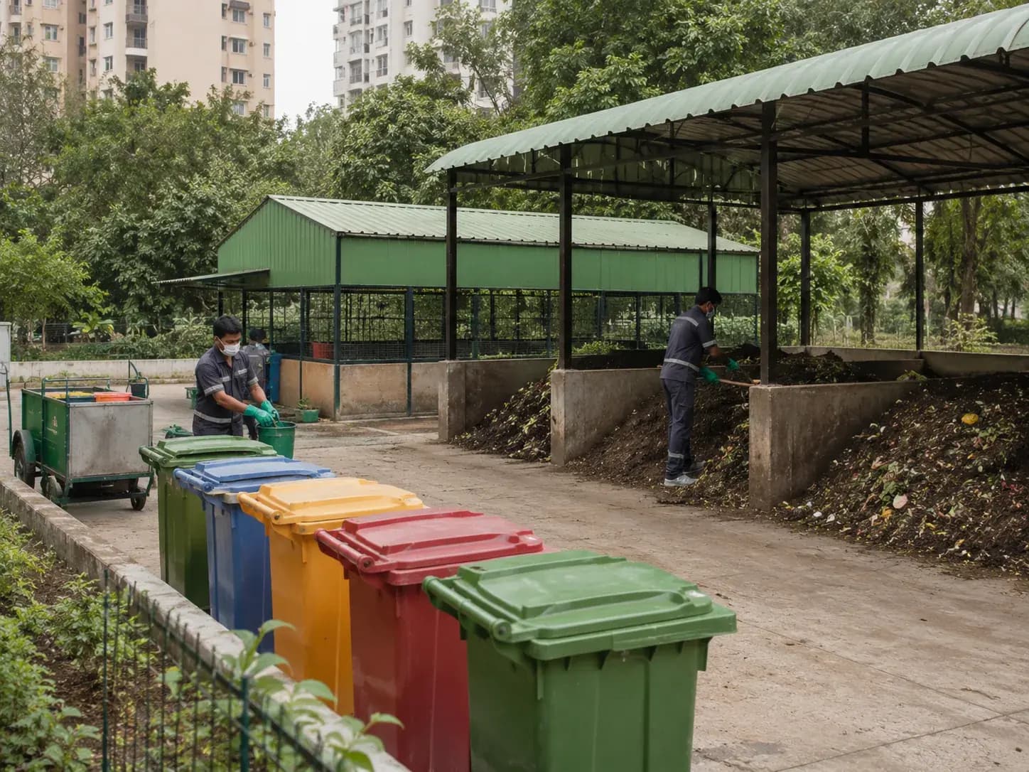 decentralised waste-processing yard at a township with colour-coded bins and a c