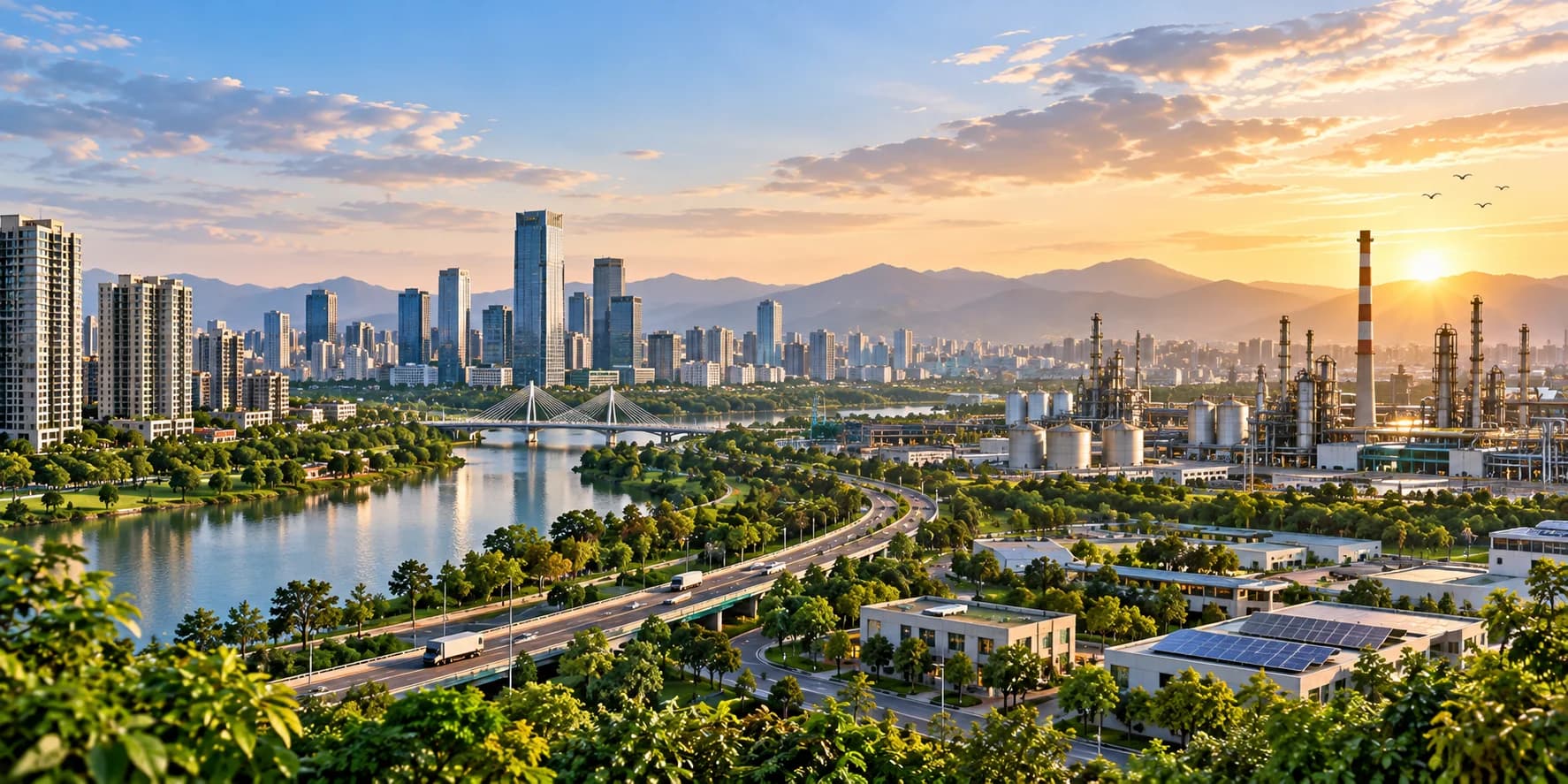 A city skyline beside a river at sunset, with a cable-stayed bridge, a tree-lined highway, solar-roofed buildings and an industrial plant among the trees