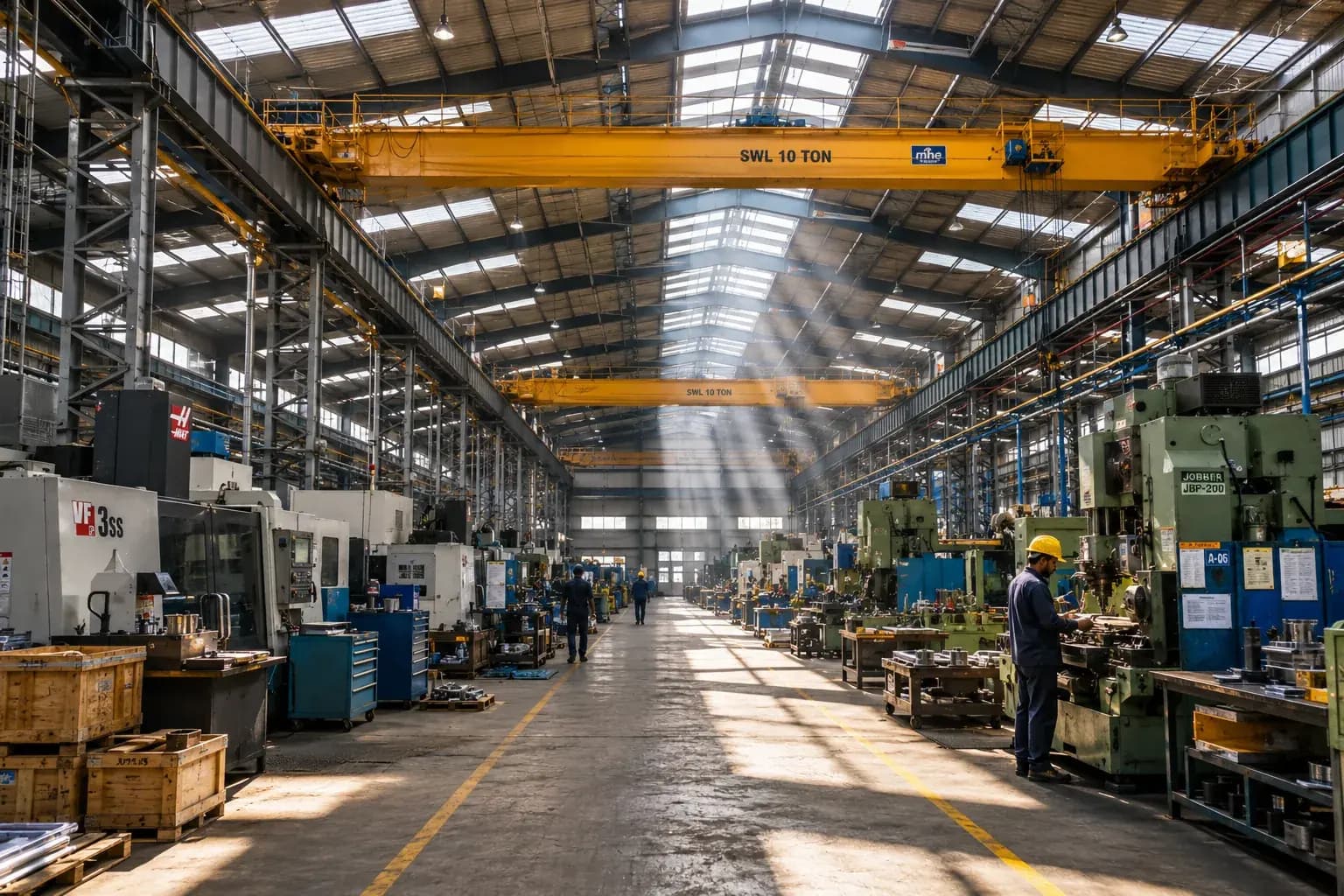 Engineering workshop with overhead travelling cranes and machine tools