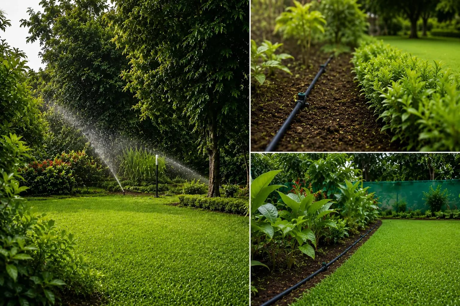 Sprinkler irrigation running across a corporate lawn and planted beds