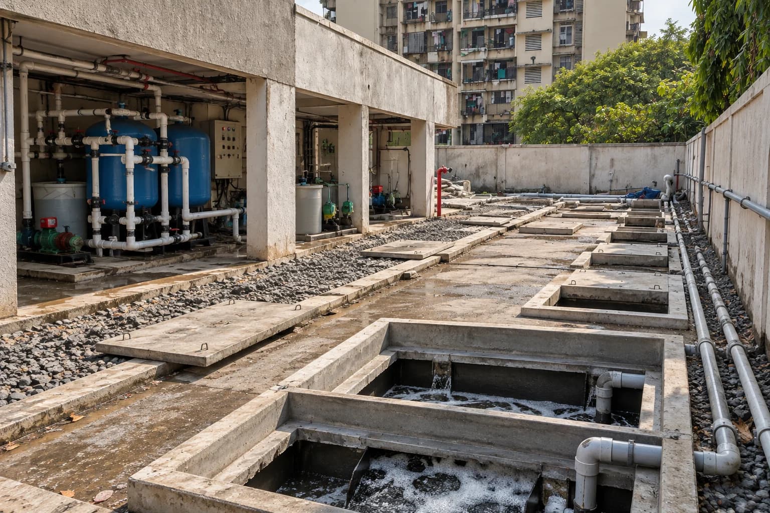 A society sewage treatment plant: open concrete aeration and settling tanks with blue pressure filters, dosing tanks and pumps ranged under a podium alongside
