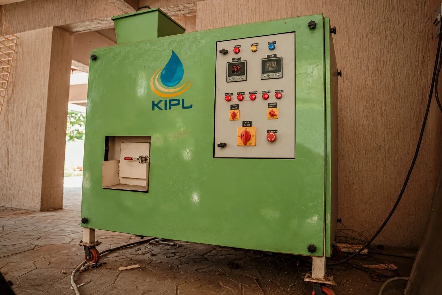 A green KIPL organic waste converter with feed hopper, discharge hatch and a panel of phase indicators, timer and heater controls