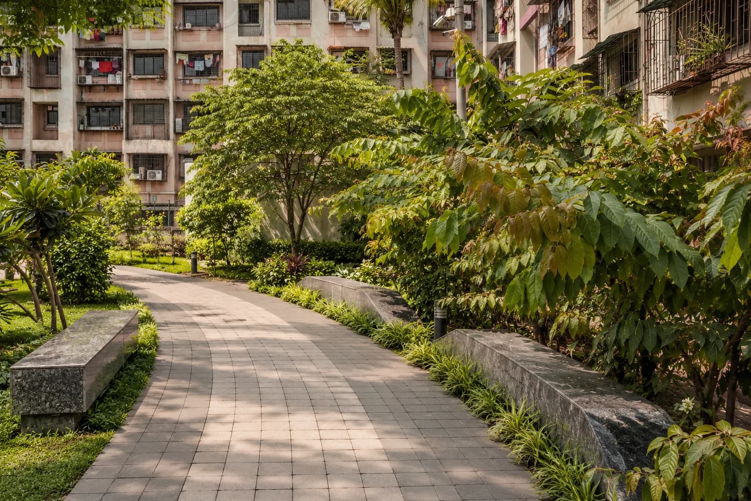 A paved walkway curving between planted beds and seating, with housing blocks behind