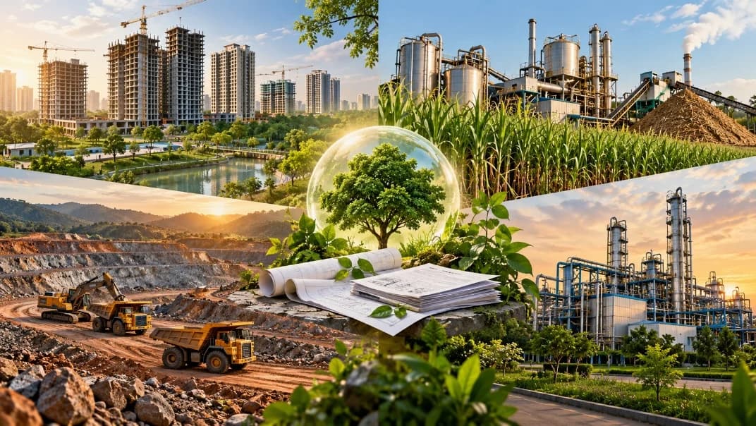 Four sectors that require environmental clearance (housing under construction, a distillery, an open-cast mine and a chemical plant) around a glass globe and rolled drawings